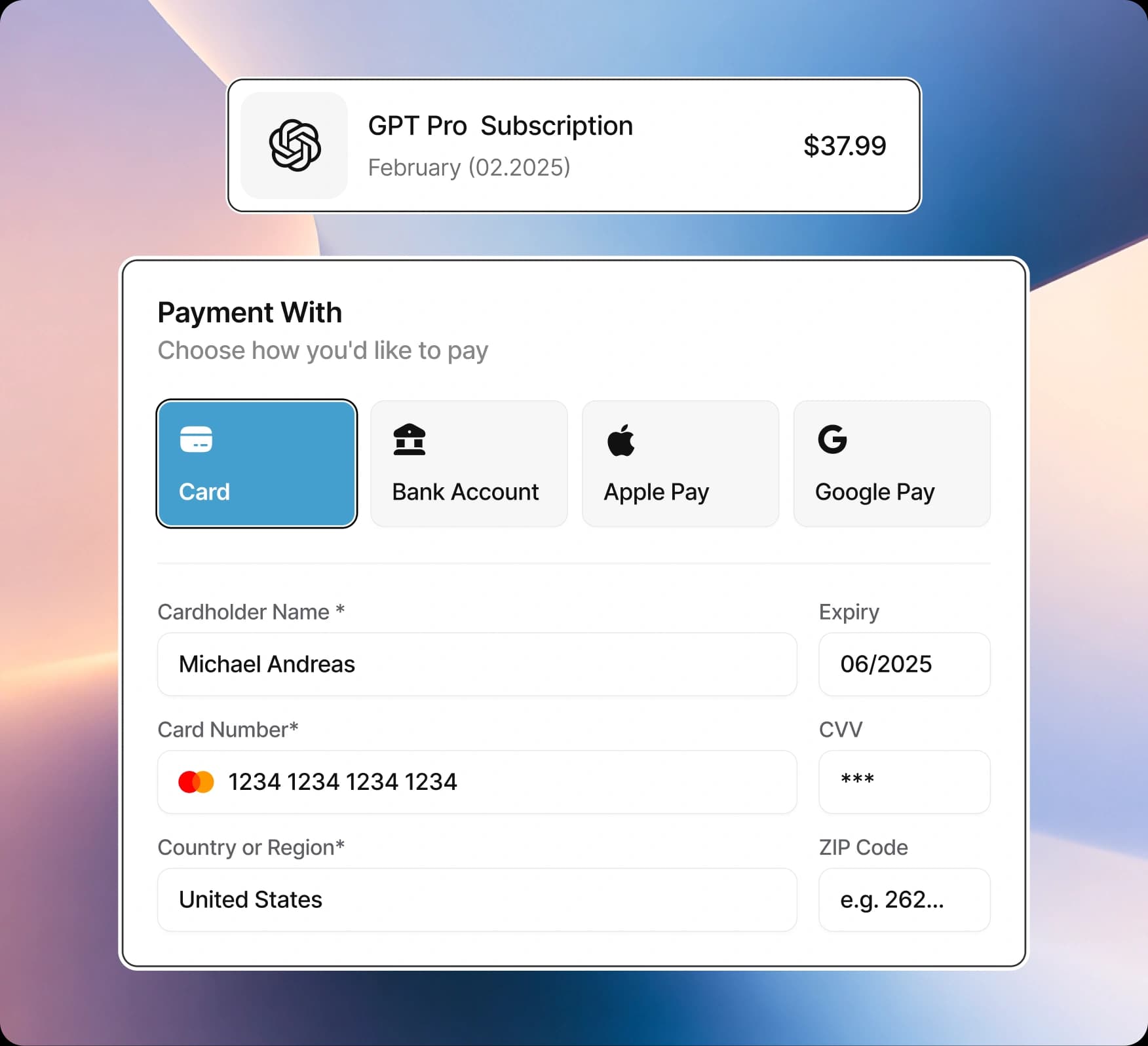 Acru checkout with card, bank account, Apple Pay and Google Pay options