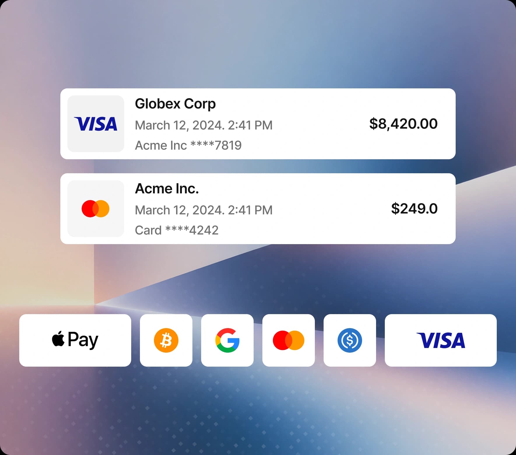 Card transactions alongside Apple Pay, Bitcoin, Google Pay, Mastercard, USDC and Visa payment options