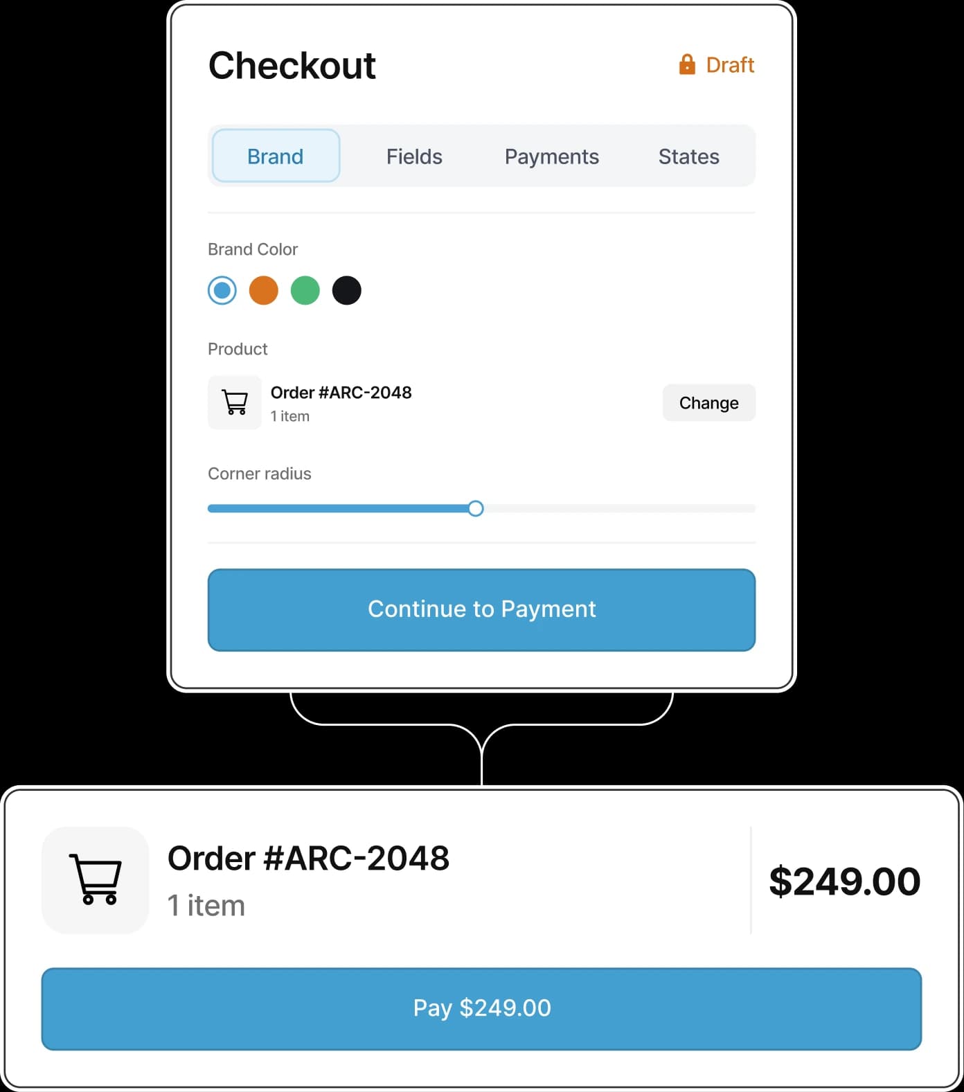 Checkout Studio brand controls connected to an order preview