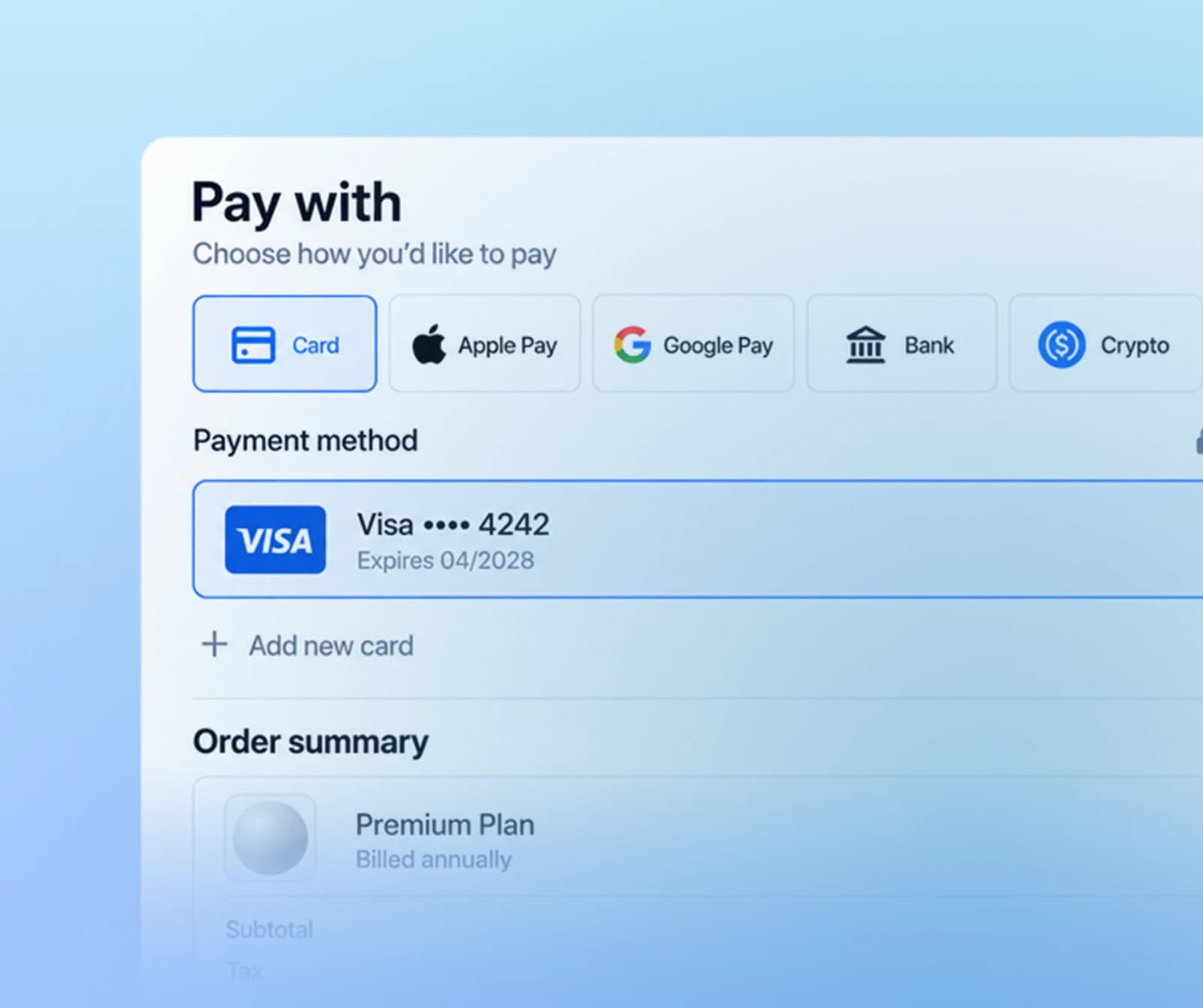 Illustrative checkout with card, wallet, bank and crypto options